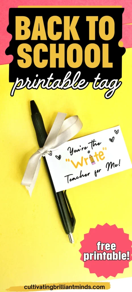 Pen with a white gift card reading "You're the Write teacher for Me!" on a bright yellow background, tied with a silver ribbon (teacher appreciation theme).