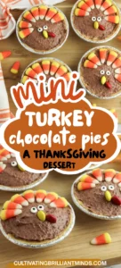 mini turkey pies made with chocolate pudding and decorated to look like turkeys