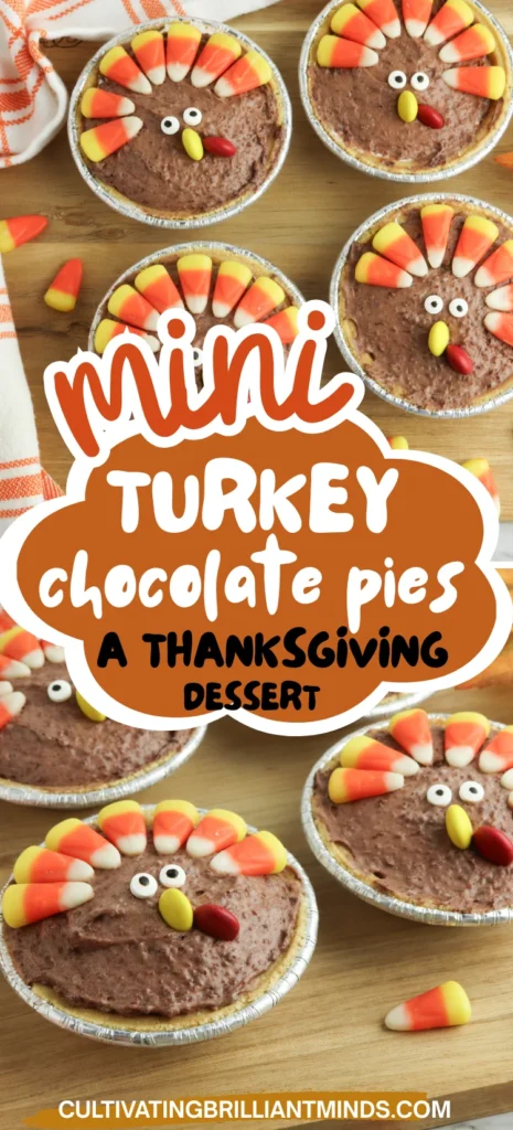 mini turkey pies made with chocolate pudding and decorated to look like turkeys