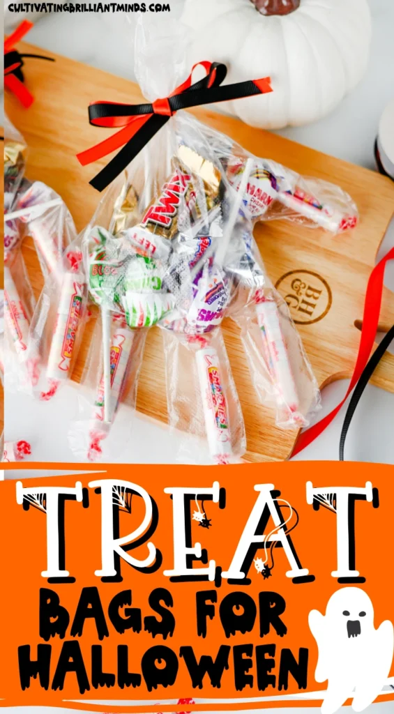 Halloween Treat Bags - Cultivating Brilliant Minds Halloween Treat Bags that are clear gloves filled with candy