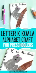 a Letter K Handprint Craft that is decorated to look like a koala with the words "K is for koala"