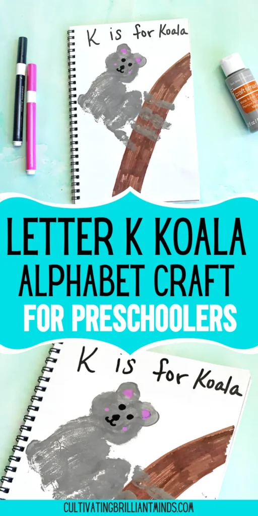 a Letter K Handprint Craft that is decorated to look like a koala with the words "K is for koala"