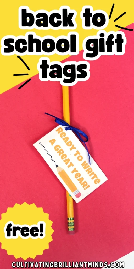 Yellow pencil with a tag that reads'Ready to write a great year,' resting on a pink and yellow diagonal background.