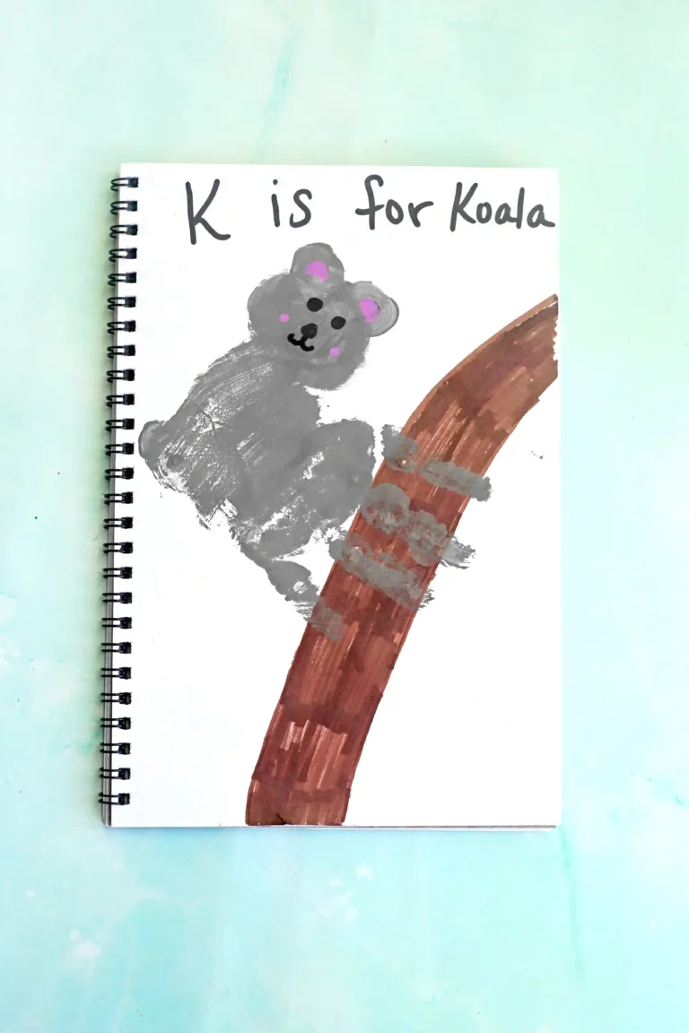 a Letter K Handprint Craft that is decorated to look like a koala with the words "K is for koala"
