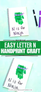 a letter n handprint craft that is a green handprint decorated to look like a ninja