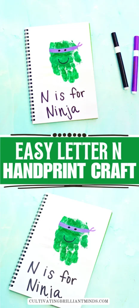 a letter n handprint craft that is a green handprint decorated to look like a ninja