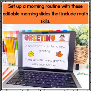 Orange banner with promotional text above a laptop showing a classroom slide titled GREETING for a morning routine activity: 'A new month calls for a new greeting! Come up with a new greeting with your partner,' with yellow and orange leaf icons on the slide.
