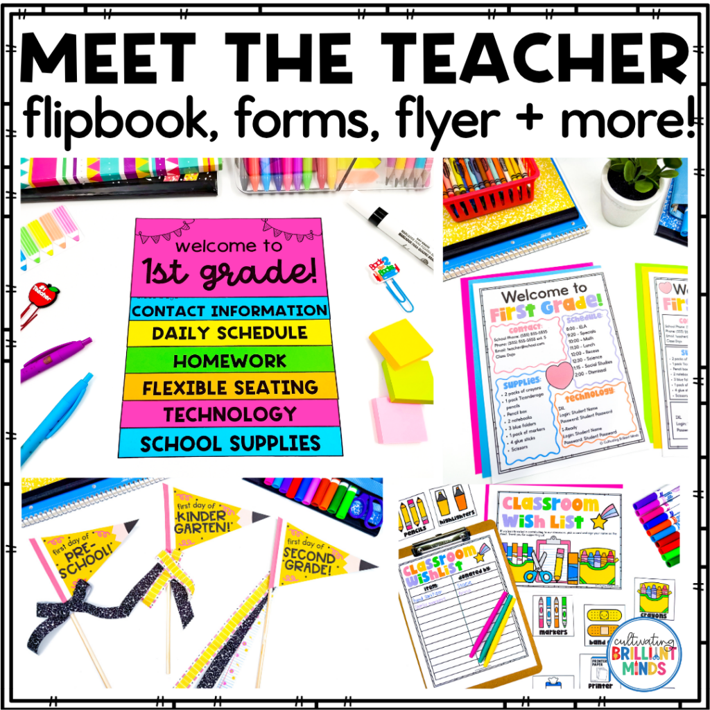 Bright classroom welcome collage for Meet the Teacher, showing first-grade forms (contact info, daily schedule, homework, technology, supplies), plus classroom wish lists and decorations.