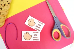 Colorful craft desk with chocolate chip cookies, scissors, blue string, and cards reading 'you're one smart cookie' on a red and yellow background.