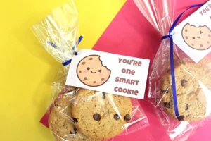 back to school printable tags that read "you're one smart cookie" with a bag with cookies on a yellow and red background