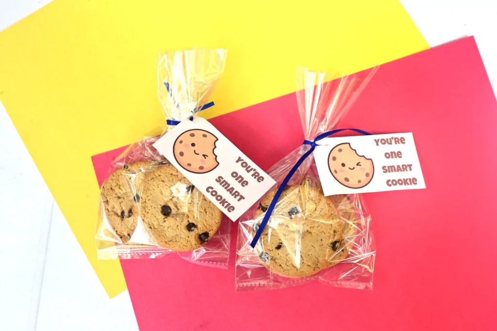 Clear plastic bags with chocolate chip cookies, labeled'You're one smart cookie' against a bright yellow and pink background.