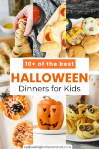 a collage of kid-friendly halloween dinner ideas