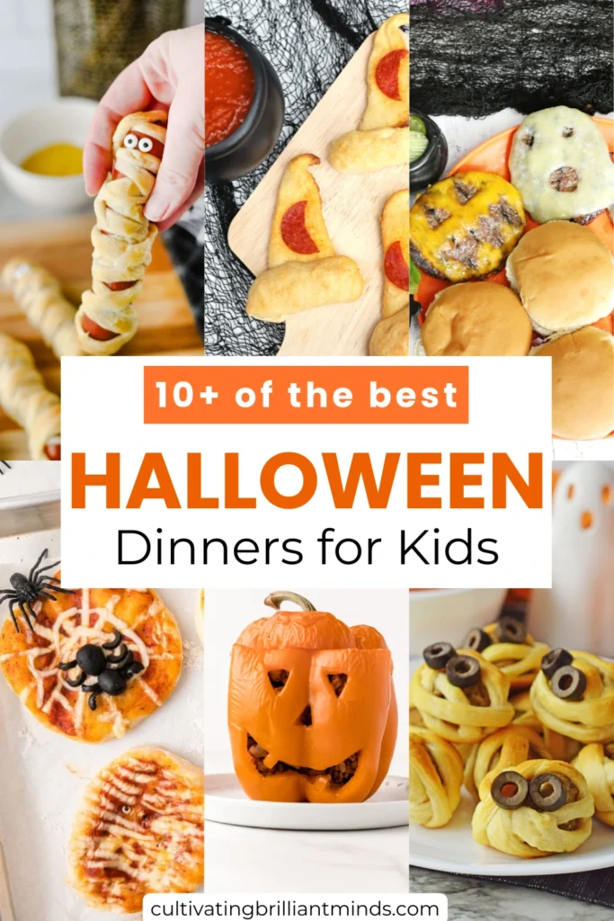 a collage of kid-friendly halloween dinner ideas