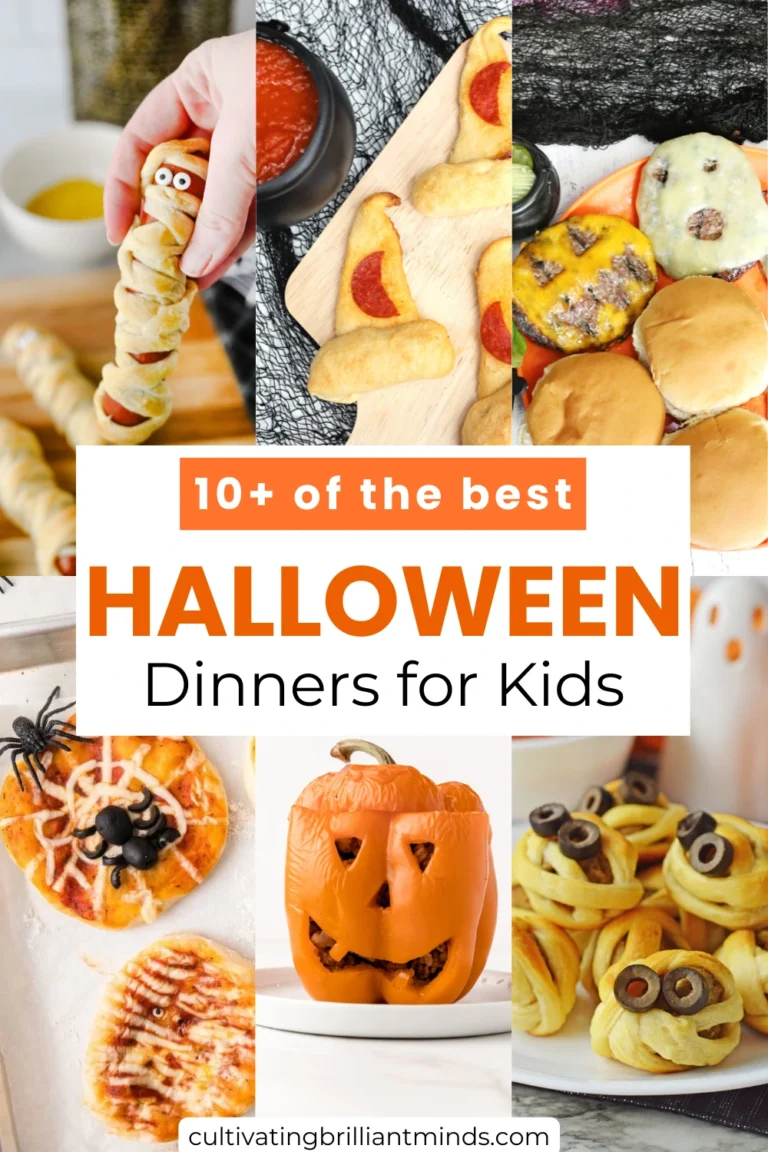 a collage of kid-friendly halloween dinner ideas