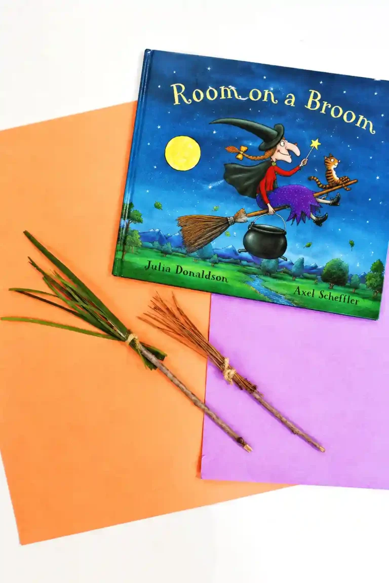 Cover of the children's book 'Room on the Broom' featuring a witch riding a broom with a cauldron and a cat against a starry night sky and moon.