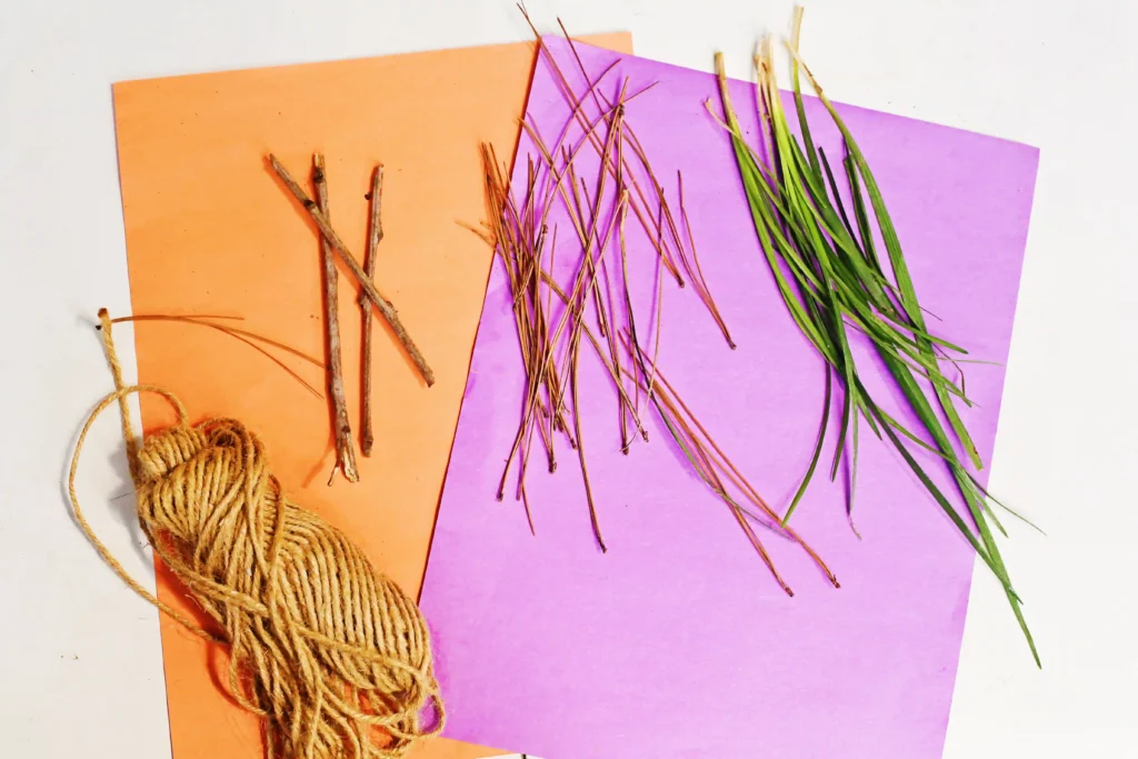 supplies for the room on the broom craft- sticks, pine needles, grass, and twine