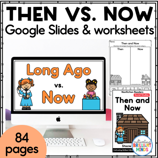Educational product image showing Then vs. Now Google Slides and worksheets for 84 pages, with a computer screen 'Long Ago vs. Now' and two illustrated children.