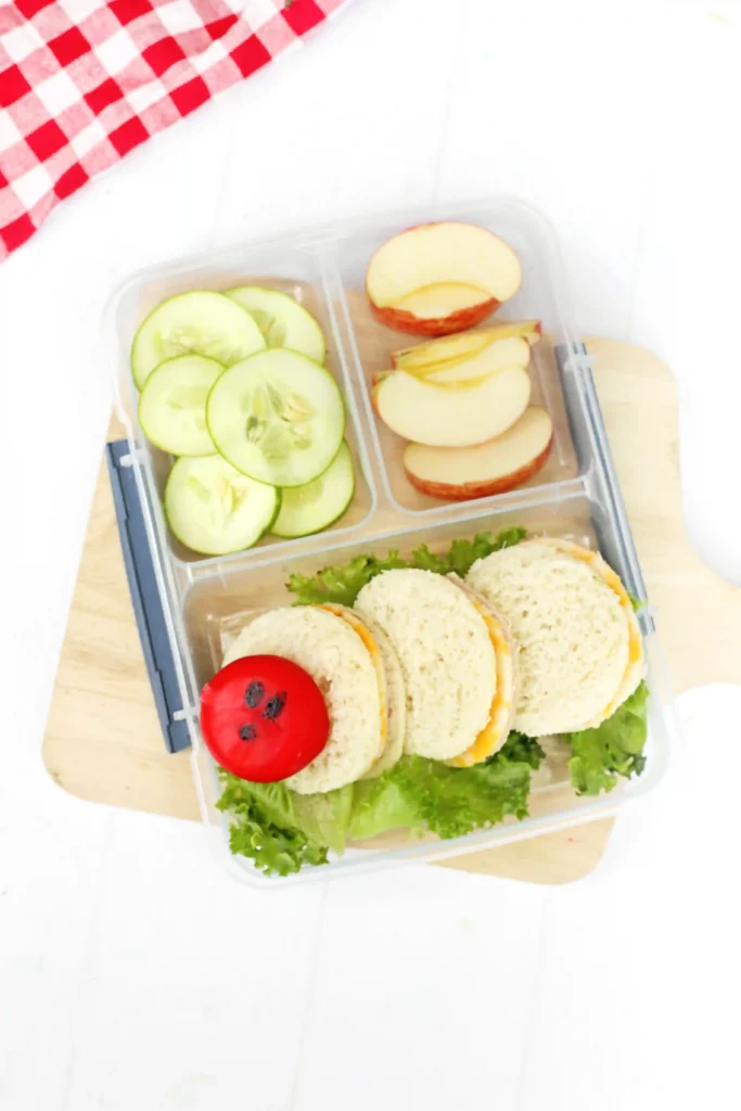 Very Hungry Caterpillar Lunch Box Idea - Cultivating Brilliant Minds a Very Hungry Caterpillar Lunch Box Idea that us sandwiches and babybel cheese on a bed of lettuce to look like a caterpillar