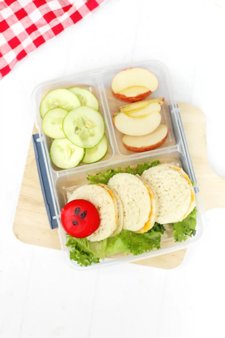a Very Hungry Caterpillar Lunch Box Idea that us sandwiches and babybel cheese on a bed of lettuce to look like a caterpillar