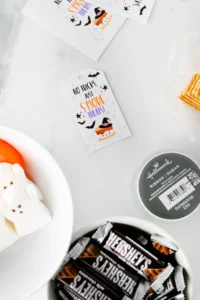 Halloween-themed tag reads 'No Tricks Just S’more Treats' with a witch hat and bats on a white card atop a light background.