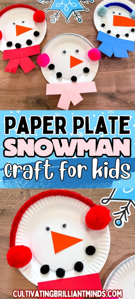 Paper Plate Snowman Craft - Cultivating Brilliant Minds paper plates decorated to look like snowmen with earmuffs and scarves