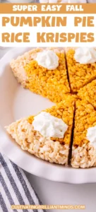 rice krispie treats made into a pumpkin pie with whipped cream on top