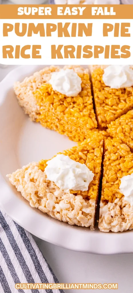 rice krispie treats made into a pumpkin pie with whipped cream on top
