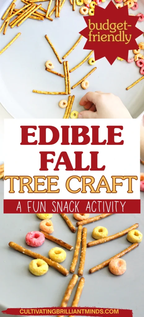 an Edible Fall Tree Craft made of pretzels and fruit loops