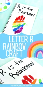 Notebook page with a rainbow-colored handprint and the text 'R is for Rainbow' for a Letter R Rainbow Craft.
