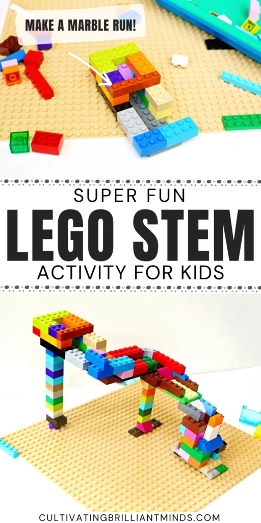 Colorful LEGO brick structure built on a tan baseplate against a white background.