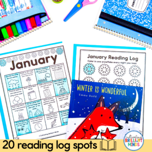 Flat lay of colorful school supplies (notebooks, markers, scissors) around two 'January Reading Log' sheets and a children's book titled 'Winter Is Wonderful' on a white desk, suggesting math/reading prep materials for winter.