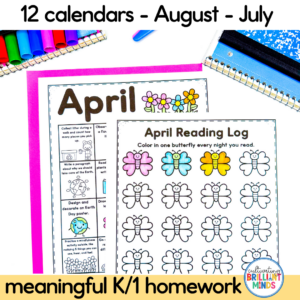 Colorful worksheet titled 'April Reading Log' with butterfly outlines to color, placed on white paper with a pink border and classroom supplies nearby.