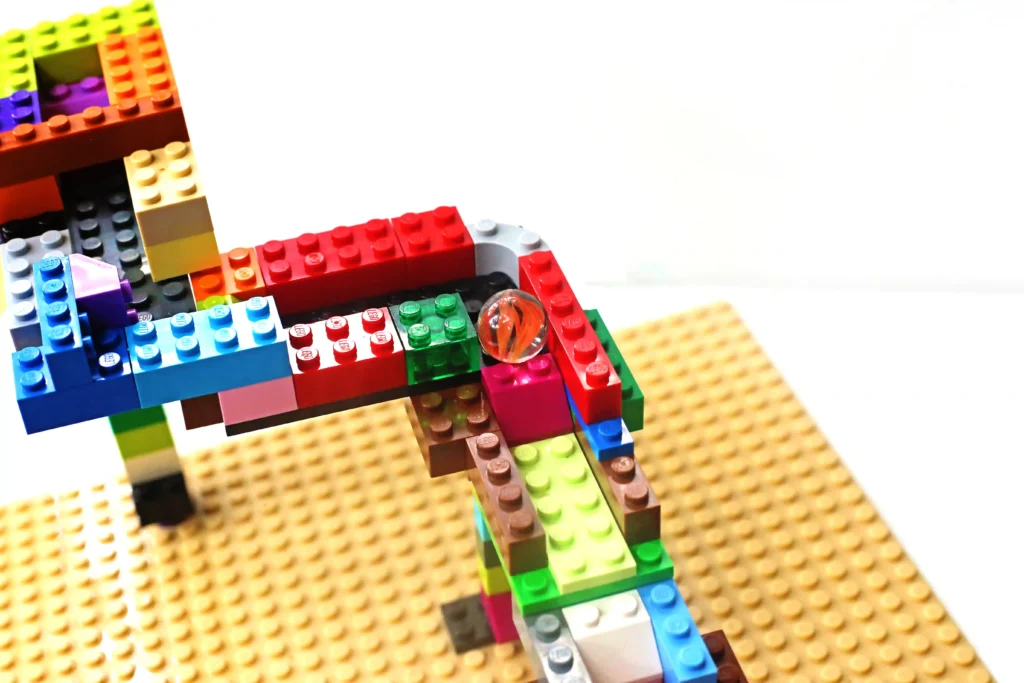 a LEGO Marble Run of a course made out of legos for a marble to roll down