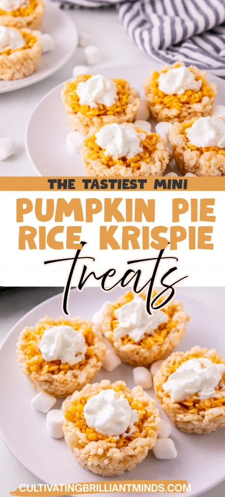 Mini Pumpkin Pie Rice Krispies with whipped cream on top on a white plate