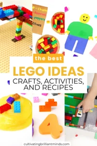 a collage of LEGO Crafts, Activities, and Recipes