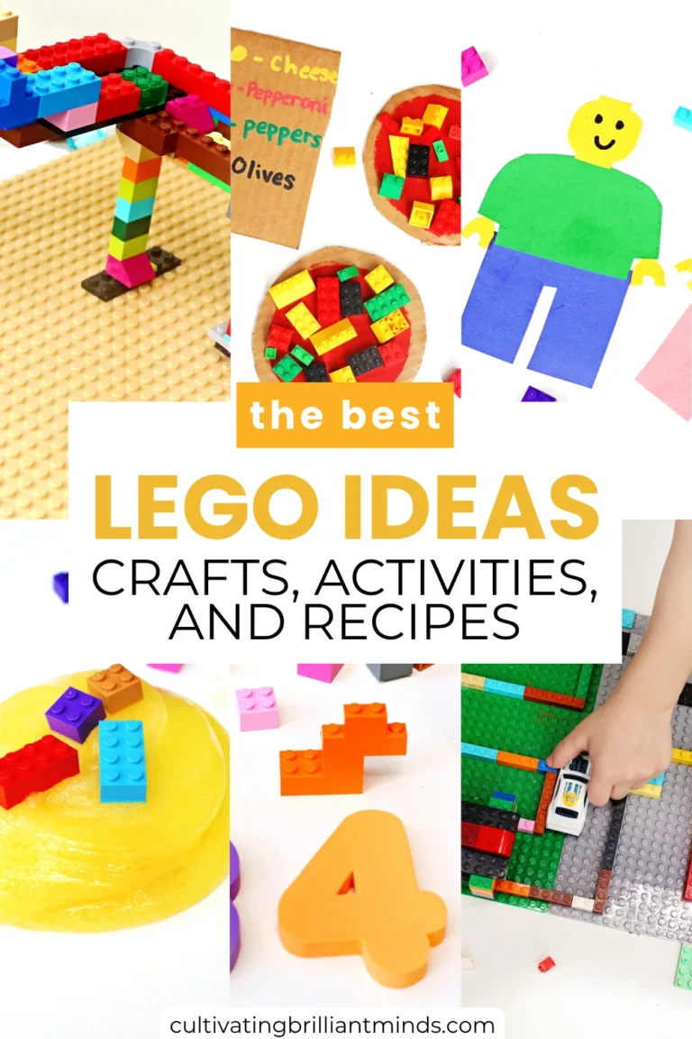 a collage of LEGO Crafts, Activities, and Recipes