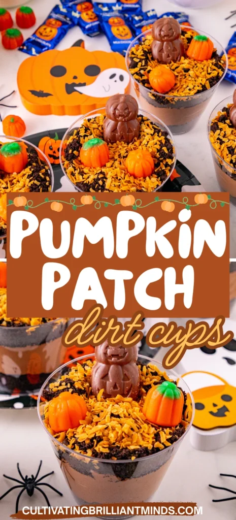 Halloween-themed dessert cups topped with chocolate pumpkin figures, orange candy pumpkins, and orange sprinkles over cookie crumble.
