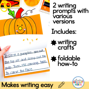 Colorful collage: left side shows a pumpkin craft, scissors, notebooks; right side has bold text '2 writing prompts with various versions' with bullet points 'writing crafts' and 'foldable how-to'; bottom banner reads 'Makes writing easy' with a pencil icon and a round 'Cultivating Brilliant Minds' logo.