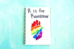 a Letter R Handprint Craft that reads "r is for rainbow"