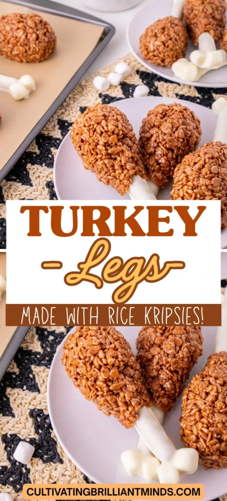 Rice Krispie Turkey Legs on a white plate with other rice krispie turkey legs in the background