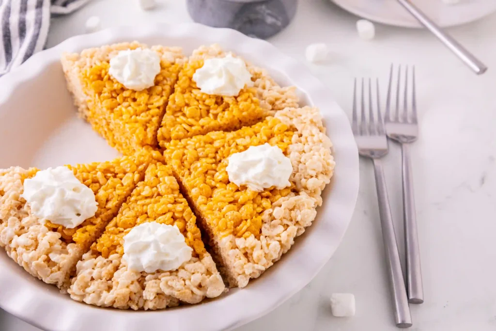 Rice crispy pumpkin pie treats cut into triangles on a white plate, topped with dollops of whipped cream.