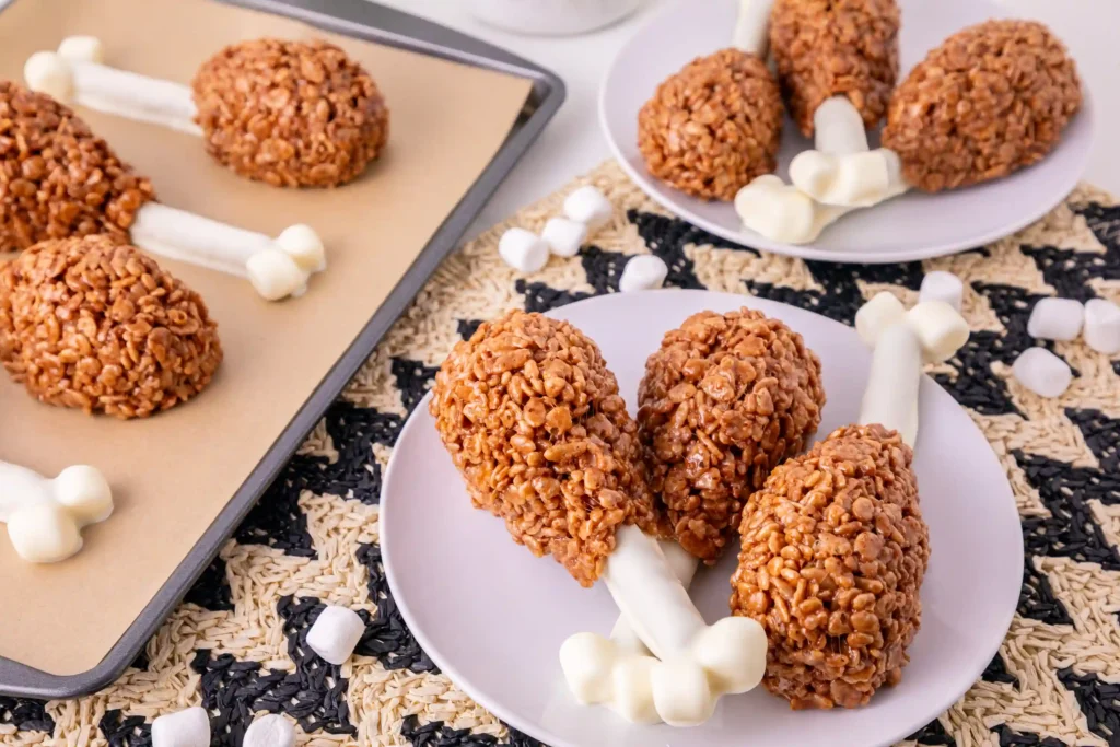 Rice Krispie Turkey Legs on a white plate with other rice krispie turkey legs in the background