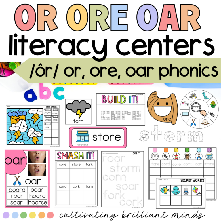 Colorful literacy poster introducing OR/ORE/OAR phonics with example worksheets for early readers
