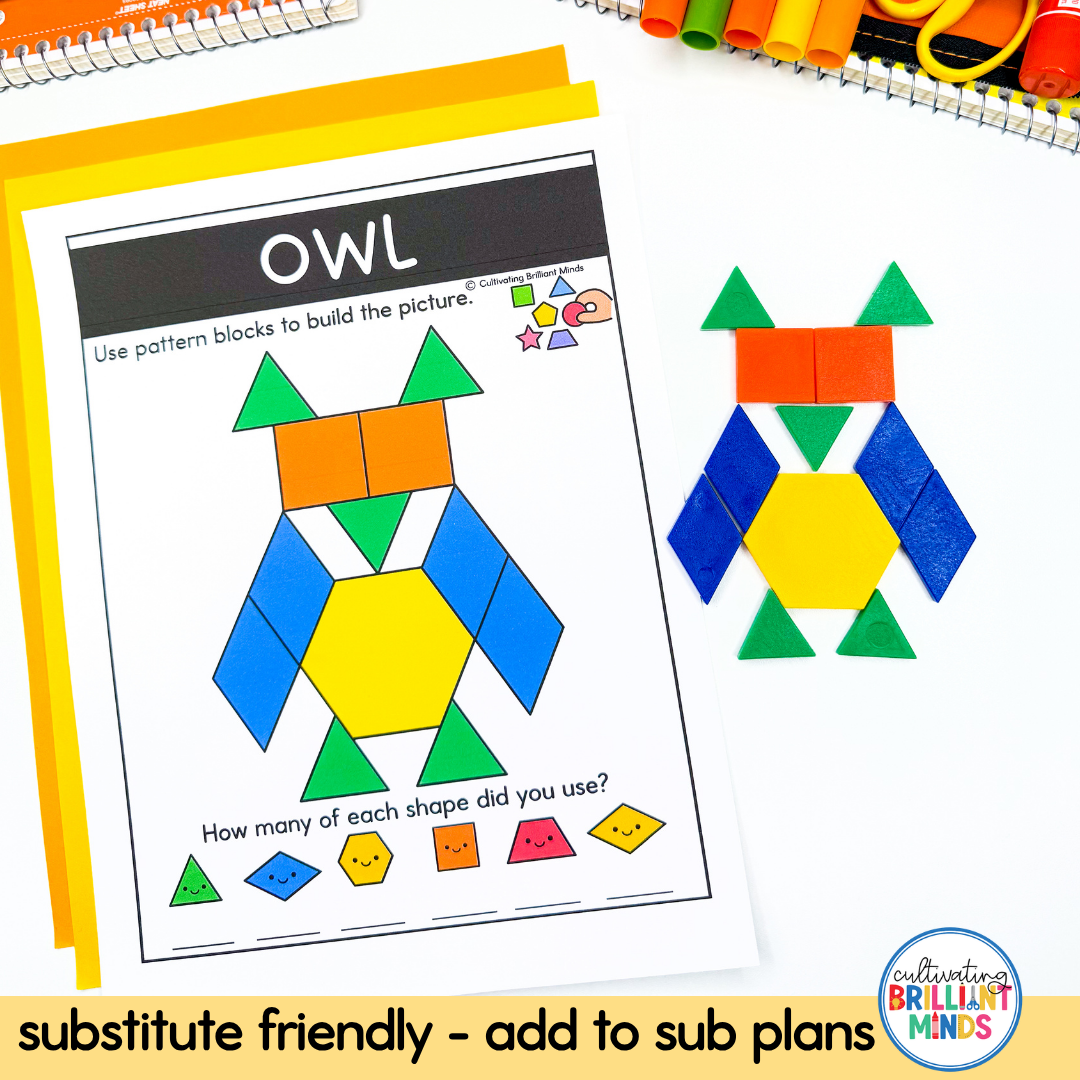 Autumn Fine Motor Bundle - Cultivating Brilliant Minds pattern blocks in the shape of an owl