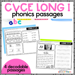 Cover image for 'CVCe Long I' phonics passages; features four decodable passages and sample worksheets for long‑I word practice.
