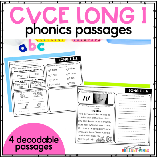 Cover image for 'CVCe Long I' phonics passages; features four decodable passages and sample worksheets for long‑I word practice.