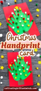 Red card with a green handprint Christmas tree decorated with pom-poms and stars, and the text 'Christmas Handprint Card' across the image.