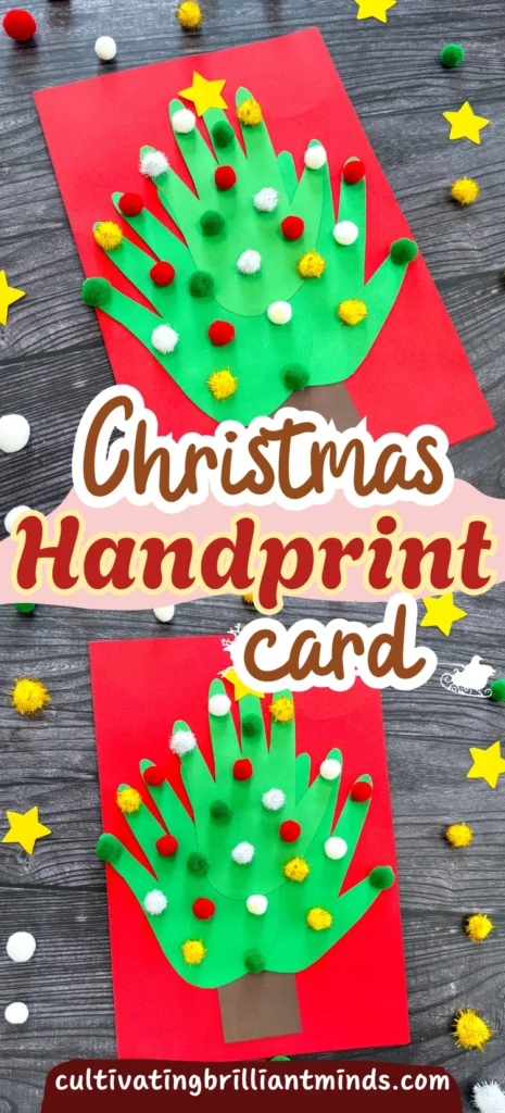 a Handprint Tree Christmas Card made of construction paper handprints and pom poms
