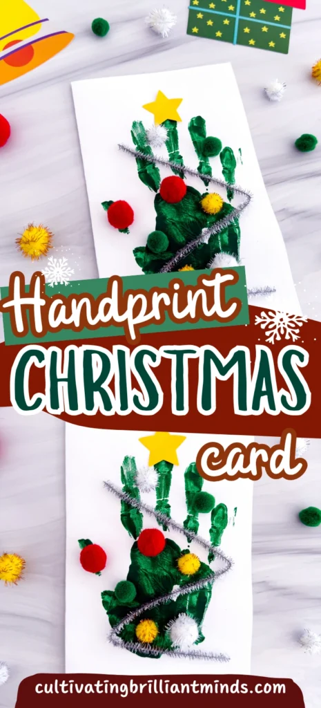 a Handprint Christmas Tree Card made with a green handprint, pipe cleaner, and pom poms