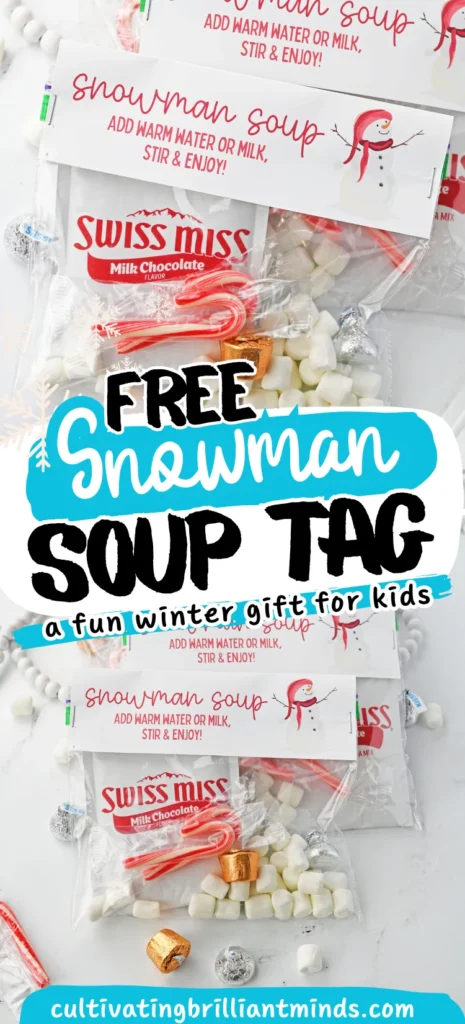 Swiss Miss hot cocoa packets labeled'Snowman Soup' with marshmallows and candy canes on a white surface.